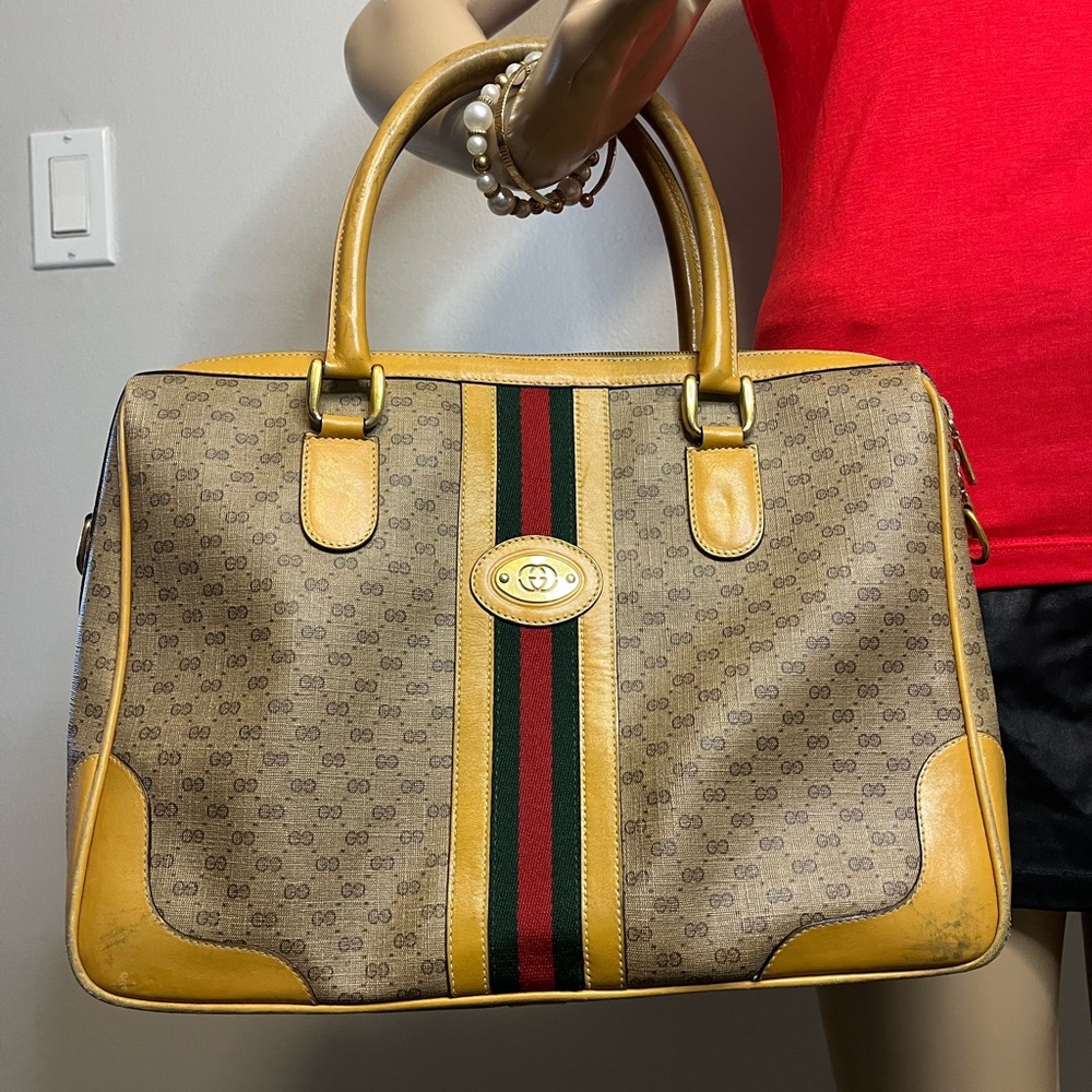Gucci Vintage Micro GG Sherry Line Boston Bag - Rare Mustard Trim- Crest Charm-